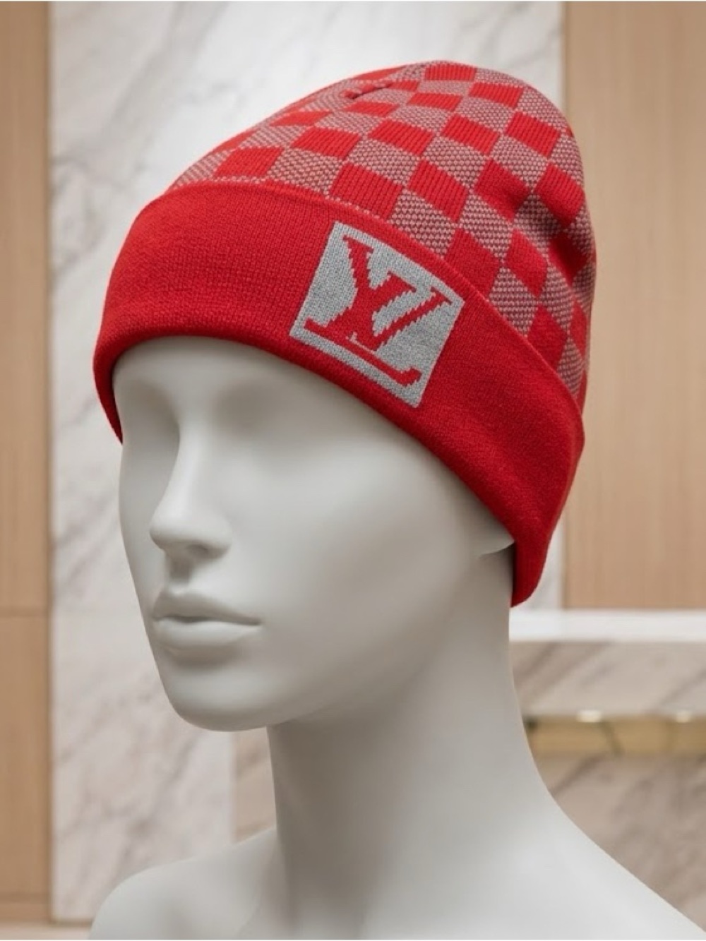 Brand New !! Red and Light Gray Checker Knit Beanie
